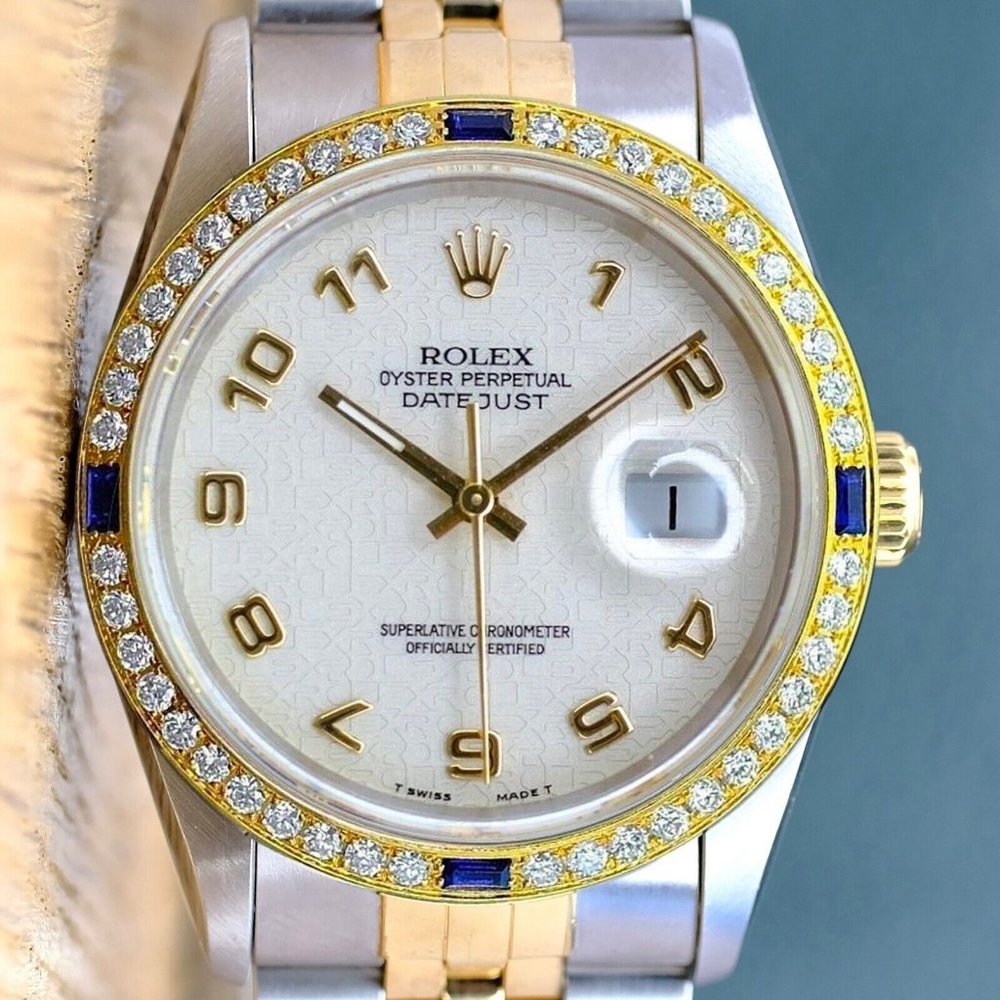 ROLEX DATEJUST CREAM JUBILEE ARABIC DIAL DIAMOND-SAPPHIRE 18KY JUBILEE 16233